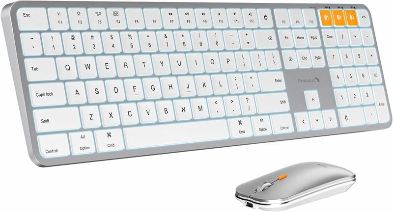 ProtoArc Backlit Bluetooth Keyboard and Mouse for Mac, KM100-A Multi-Device Wireless Keyboard Mouse for Mac, Full Size Rechargeable for MacBook Pro/Air, iPhone, iPad, White Silver - Image 1